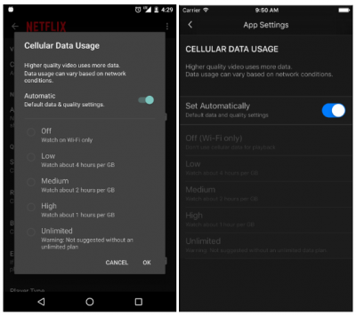 Die neuen Einstellungen für das Streaming via Mobilfunknetz unter Android und iOS. Bild: Netflix