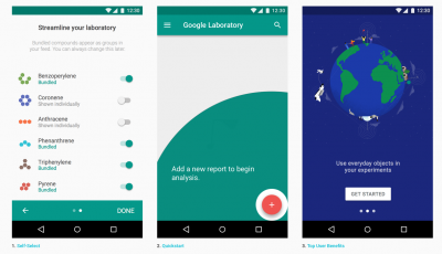 Drei Beispiele für ein Onboarding im Material Design. Dieser Schritt soll dem Nutzer den Einstieg in die App erleichtern.