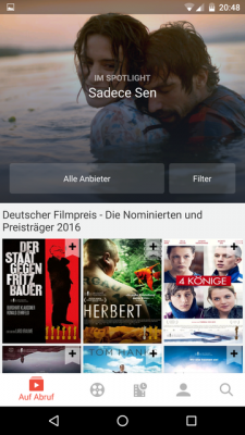 Unter dem Menüpunkt auf Abruf finden sich diverse Filme der bekannten Streamingdienste.