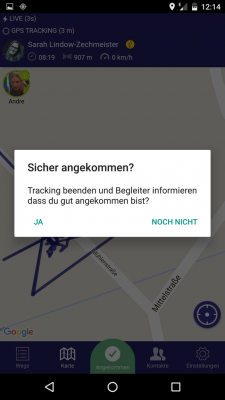 Durch einen Klick auf den Angekommen Button beendest du das Tracking.