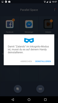 Die Inkognito App muss auf deinem normalen Smartphone deinstalliert werden.