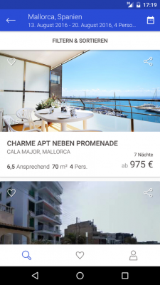 In der Ergebnisliste zeigt dir die App alle infrage kommenden Unterkünfte an.