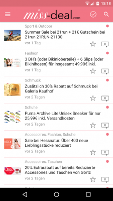 Auf der Startseite der App findest du alle derzeitigen Deals und Schnäppchen. Der aktuellste Deal ist am Listenanfang zu finden.