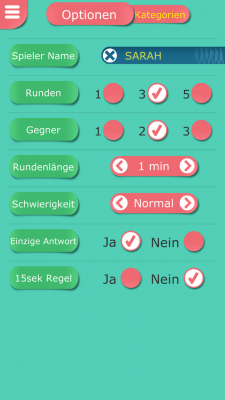 In den Optionen wählst du deinen Namen, die Gegner und die Spielrunden aus.