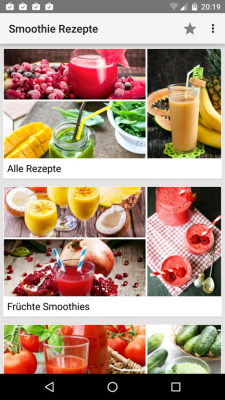 Die Smoothies sind in Kategorien Obst und Gemüse unterteilt.