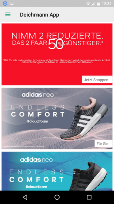Auf der Startseite findest du die aktuellen Angeboten sowie die verschiedenen Schuhkollektionen.