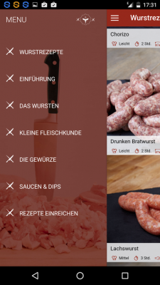 Im App-Menü gelangst du zu den Rezepten sowie Wissenswertem Rund um Fleisch, Wurst und die Verarbeitung.