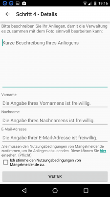Du beschreibst präzise den gemeldeten Mangel und gibst bei Bedarf deinen Namen sowie die E-Mail-Adresse an.