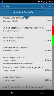 Geöffnete Läden oder Arztpraxen sind grün, geschlossene rot markiert.