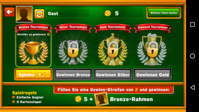 Jedes Spiel der Herausforderung kostet dich einen Jeton. Silber, Gold und Diamant werden erst nach dem Gewinn des Bronze-Turniers freigeschaltet.