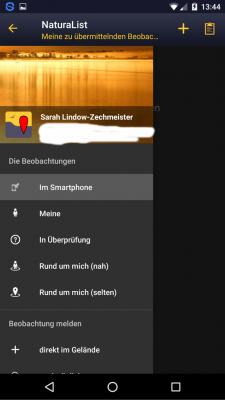 Über das Menü gelangst du zu deinen Beobachtungen sowie zu Beobachtungen aus deiner nahen und fernen Umgebung.