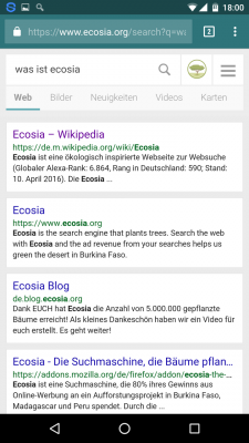 Ecosia läuft als Erweiterung deiner eingestellten Suchmaschine. 