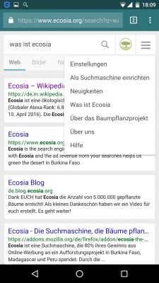 Über das Menü gelangst du zu den Einstellungen. Weiterhin richtest du Ecosia hier als Suchmaschine ein.