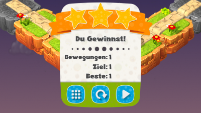 Du hast den Level mit drei Sternen abgeschlossen. Das Ziel, nur ein benötigter Zug, ist erreicht.