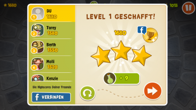 Nachdem der Level beendet ist bekommst du deine Punkt- und Sterneanzahl angezeigt.