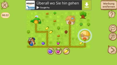Das richtige Haus muss von deinem Kind angetippt werden. Die Früchte am unteren Bildschirmrand müssen mit den Früchten am Wegesrand übereinstimmen.