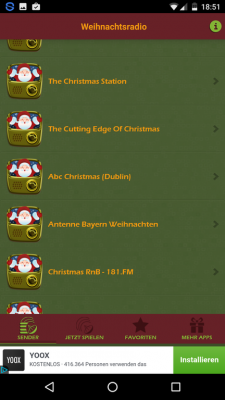 Verschiedene Weihnachtsradiosender sind in einer Liste geordnet.