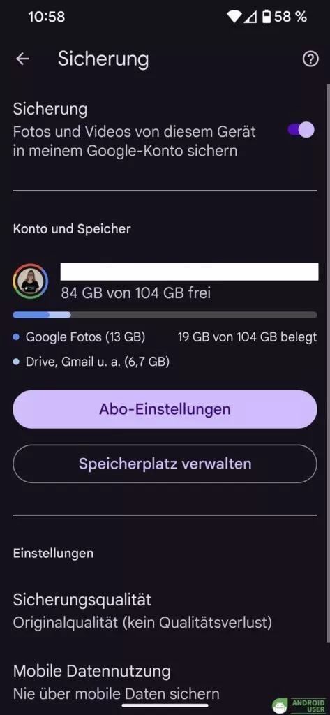 Verschiedene Einstellungen der Fotosicherung