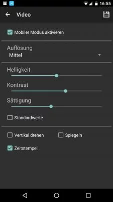 In den Einstellungen kann die Videoqualität geändert sowie Helligkeit, Kontrast und Sättigung angepasst werden.