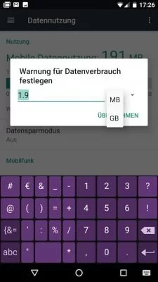 Mobile Datennutzung: Das Warnlimit für mobile Daten kann für MB oder GB erfolgen