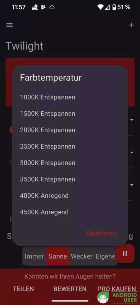 Farbtemperatur für den Nachtmodus