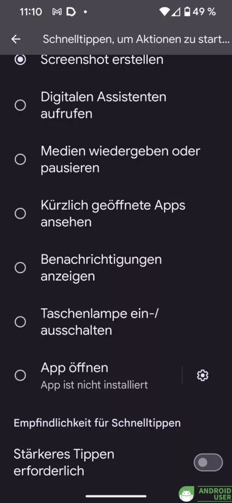 Aktionen auswählen, die durch Schnelltippen gestartet werden