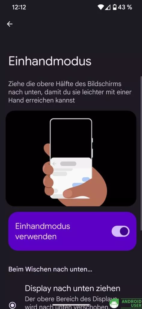 Einhandmodus Gestensteuerung Android