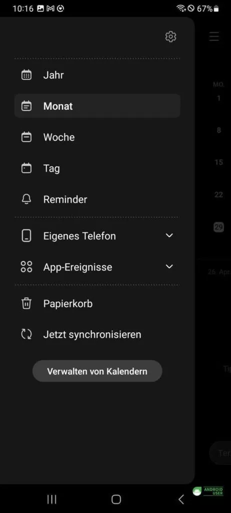 Tippe auf Verwalten von Kalendern
