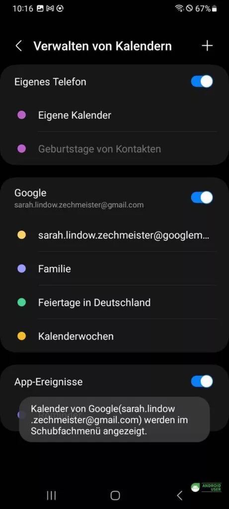 Der Google Kalender ist aktiviert