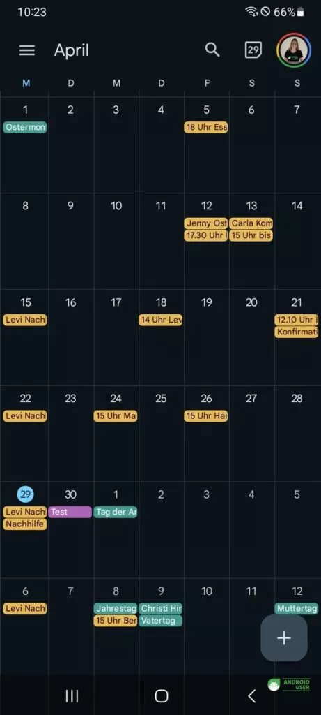 der Testtermin aus dem Samsung Kalender wird im Google Kalender angezeigt