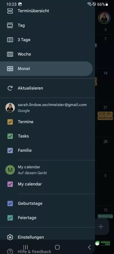 My Calender ist aktiviert, der Google Kalender zeigt die Termine aus dem Samsung Kalender