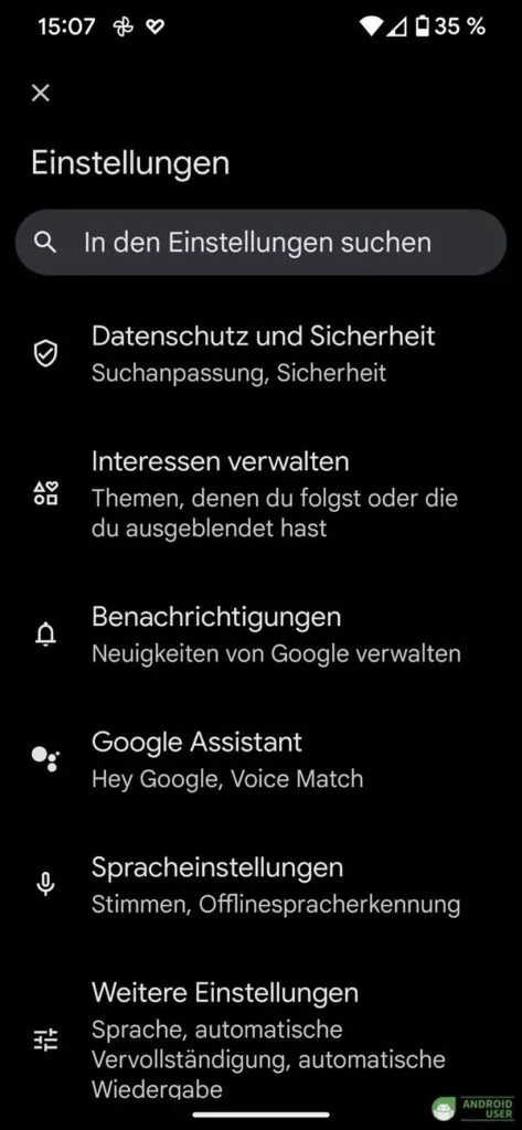 Die allgemeinen Einstellungen wie von Google beschrieben sind so nicht mehr vorhanden