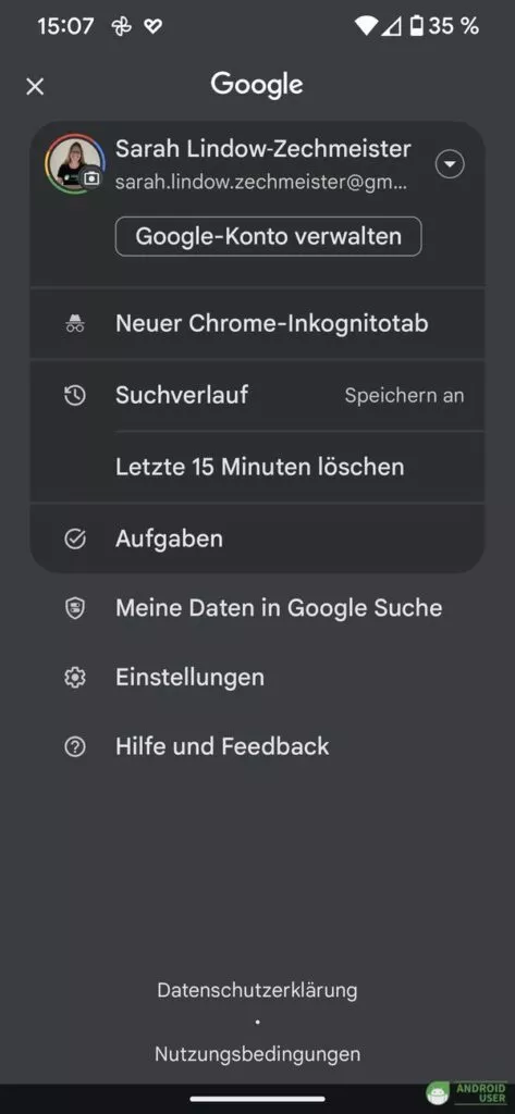 Einstellungen der Google App aufrufen, um Discover zu deaktivieren