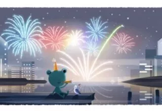 Google Doodle zu Silvester mit Feuerwerk und Frosch