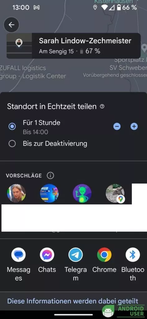 Standortfreigabe Zeit und Kontakt auswählen