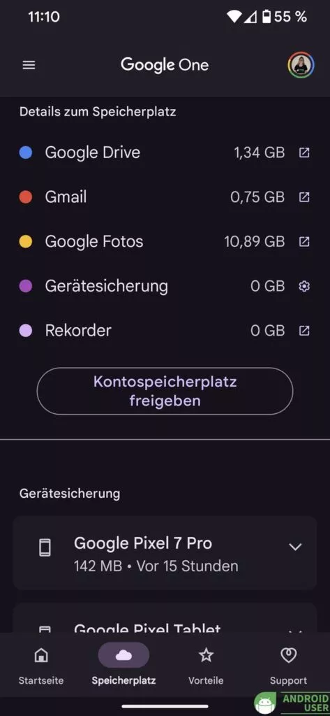 Kontospeicherplatz freigeben in Android mit Google One