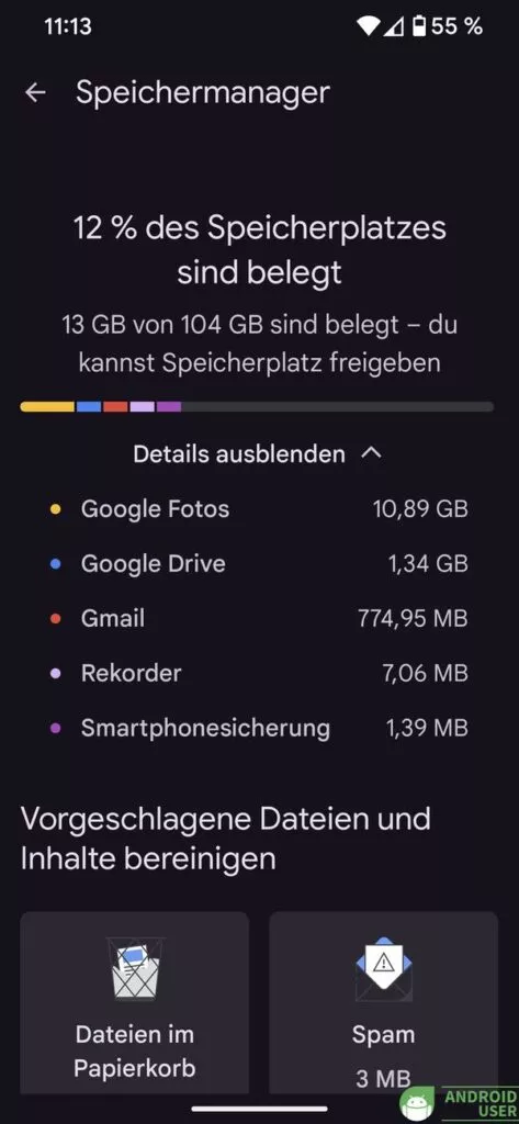 Eine Übersicht der Dateien zum Speicherplatz freigeben unter Android