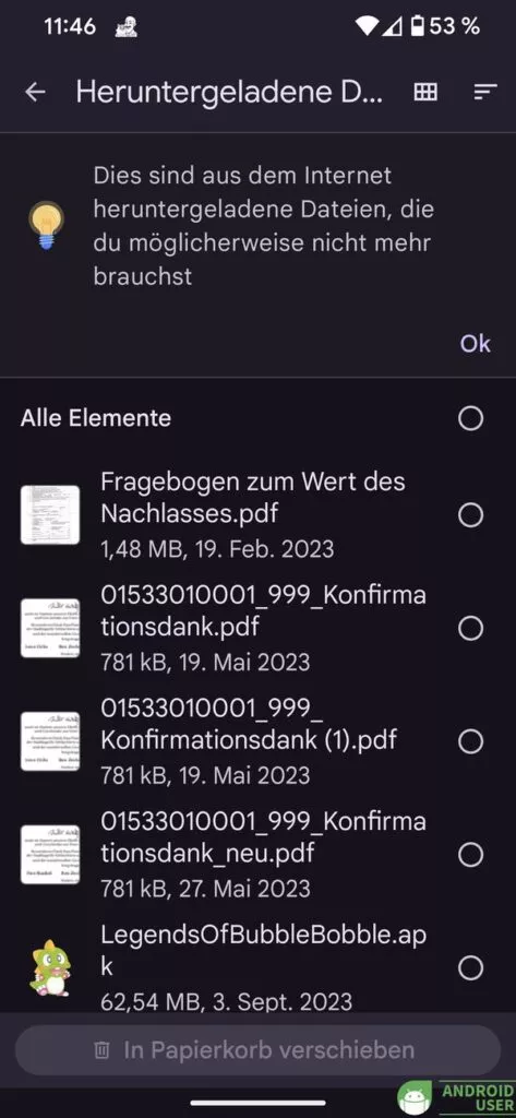 Verschiedene Elemente lassen sich löschen um Speicherplatz freizugeben