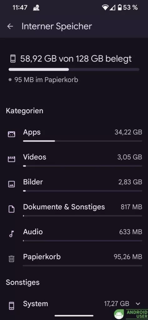 Anzeige der Kategorien in Google Files