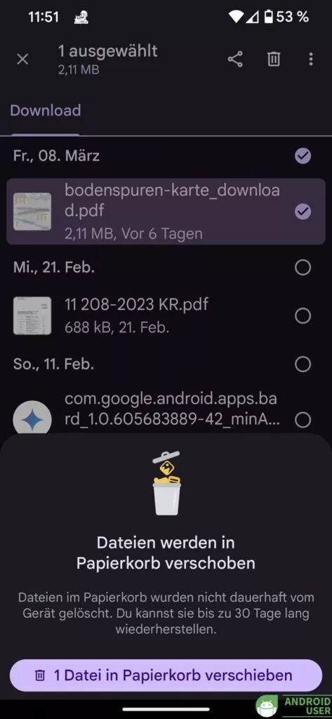 Die Datei ist im Papierkorb