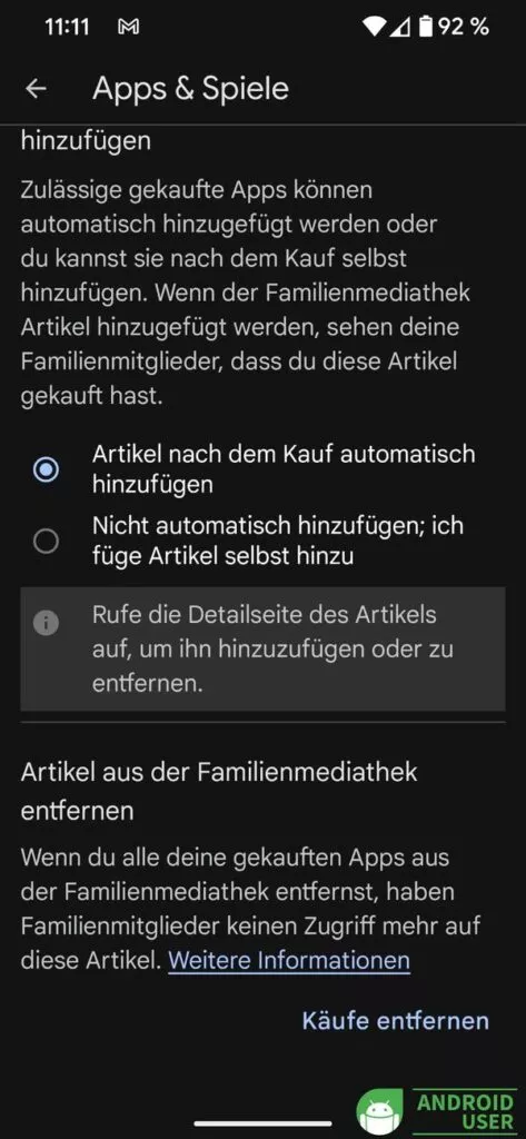 Google Play Familienmediathek Einstellungen der Inhalte