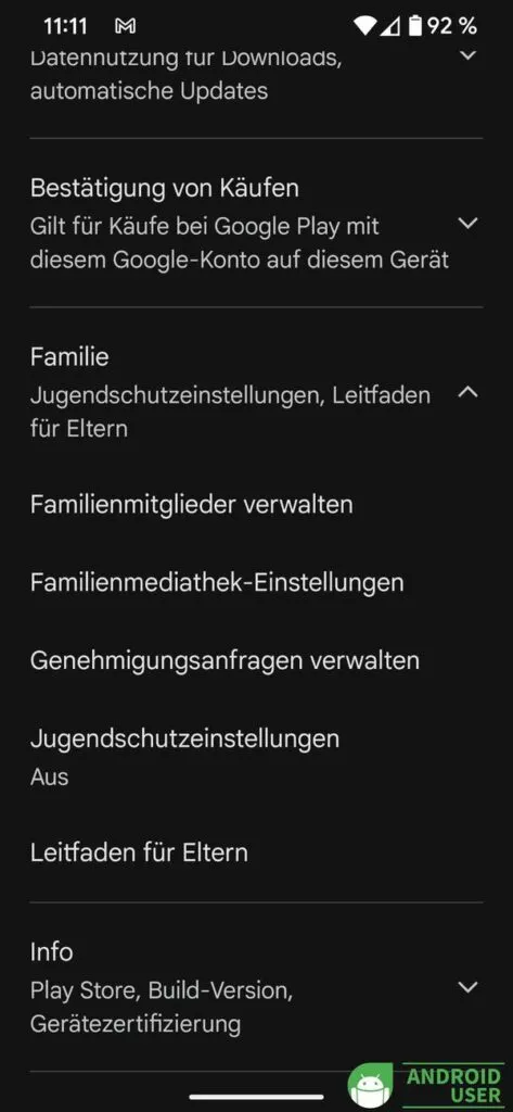 Google Play Familienmediathek Einstellungen
