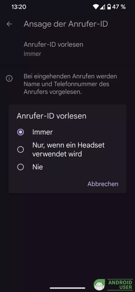 Caller ID Android Telefon App von Google 