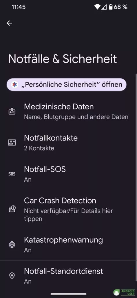 Notfallinformationen unter Android