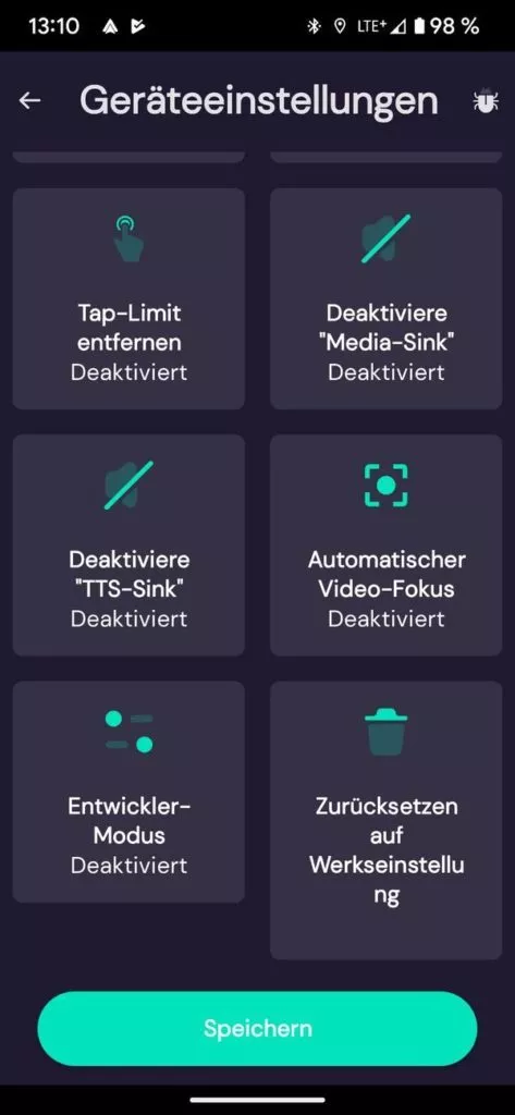 In den Geräteeinstellungen findest du Einstellungen zu Video-Fokus, Entwicklermodus, TTS-Sink, Media-Sink und Tap-Limit.