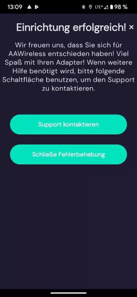 Die Einrichtung der App war erfolgreich