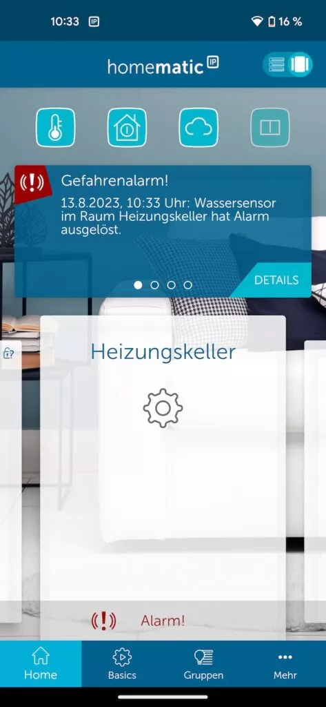 Wassermelder Gefahrenalarm auf dem Homescreen der App, um einem Wasserschaden zuvor zu kommen.