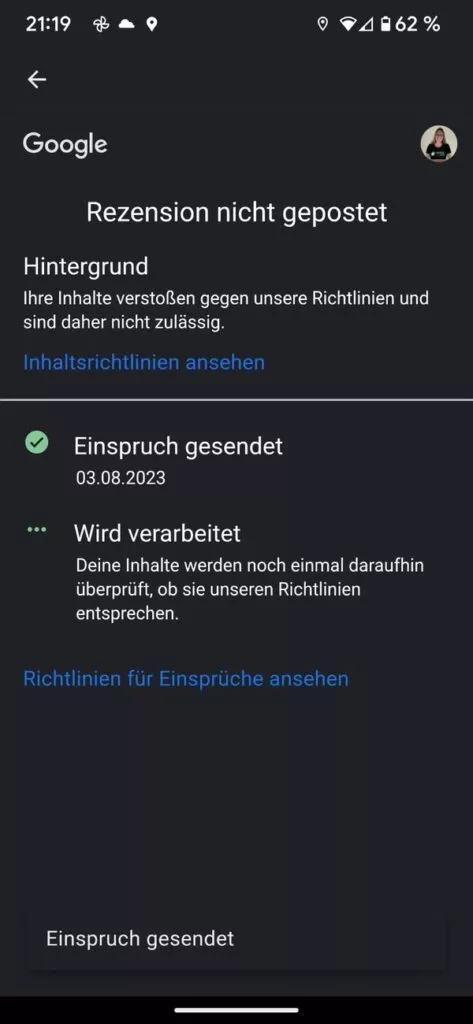 Einspruch einlegen, wenn Google Maps Rezensionen Probleme machen