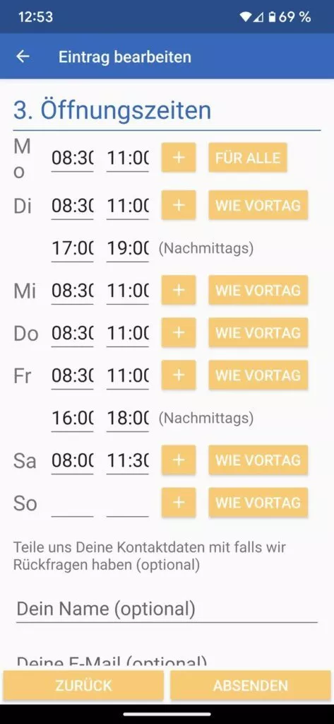 Das Eintragen der Öffnungszeiten geht schnell vonstatten