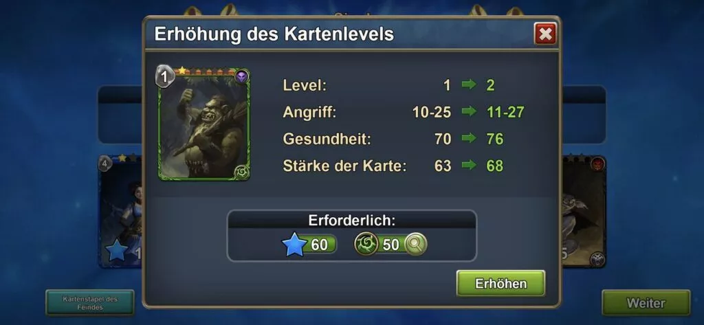 Erhöhung des Kartenlevels.